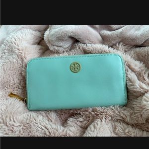 Tory Burch clutch aqua and gold